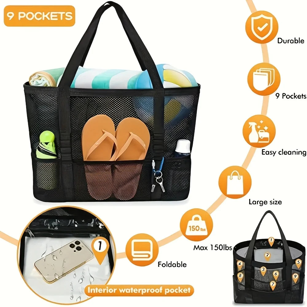 1Pc Oversized Mesh Beach Wash Bag, Large Capacity Storage Bag, Foldable Mesh Beach Tote Bag, Beach