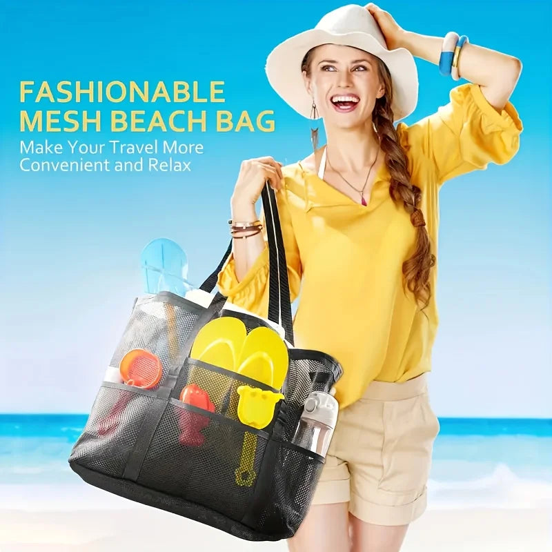 1Pc Oversized Mesh Beach Wash Bag, Large Capacity Storage Bag, Foldable Mesh Beach Tote Bag, Beach