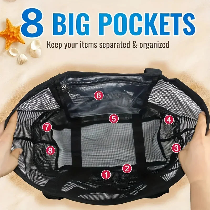 1Pc Oversized Mesh Beach Wash Bag, Large Capacity Storage Bag, Foldable Mesh Beach Tote Bag, Beach