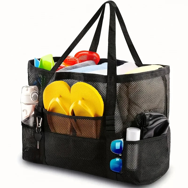 1Pc Oversized Mesh Beach Wash Bag, Large Capacity Storage Bag, Foldable Mesh Beach Tote Bag, Beach
